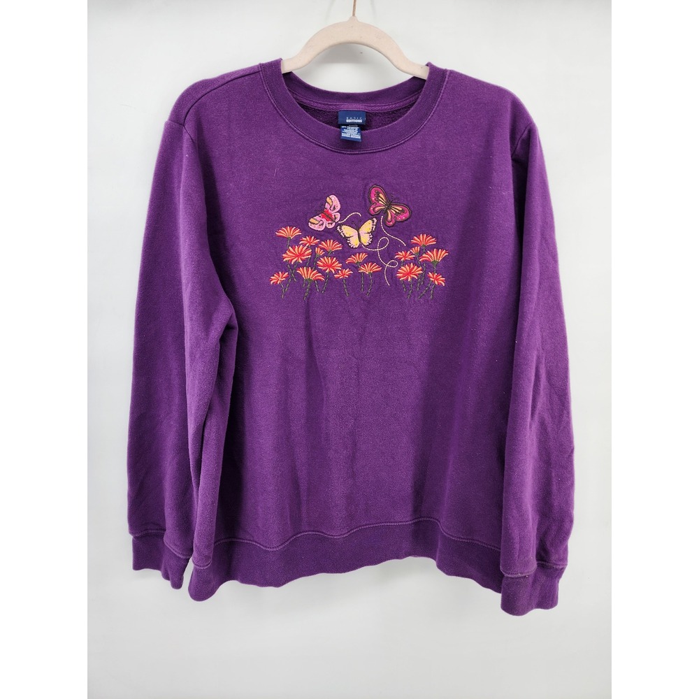 Purple Butterfly Floral Embroidered Sweatshirt Womens XL Crewneck